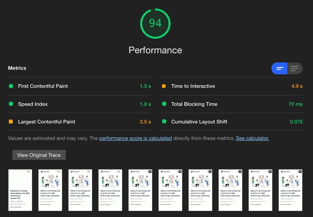 Screenshot of Articulate Marketing's website mobile performance on PageSpeed Insights (blog How to optimise your HubSpot website for SEO and performance)