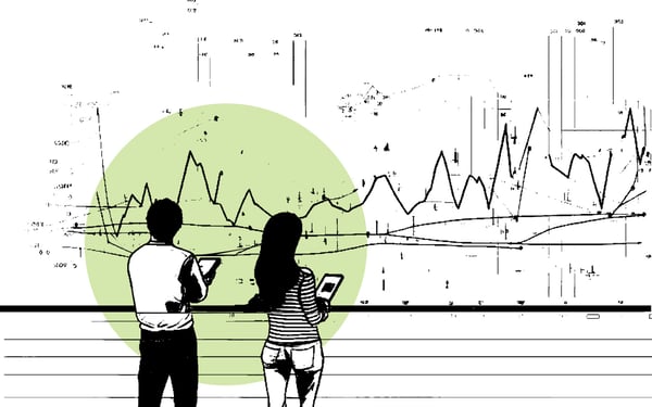 How to integrate your ESG strategy with your marketing plan - image of two people analysing data with a green background