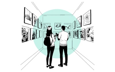 two people discussing design language in a gallery of art against a blue background