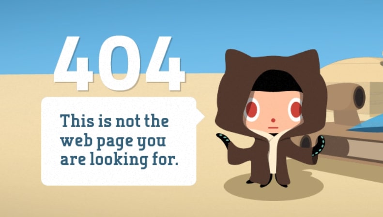 How to run Quality Assurance (QA) tests on your new website - image shows GitHub's Star Wars themed 404 page 'This is not the web page you are looking for'