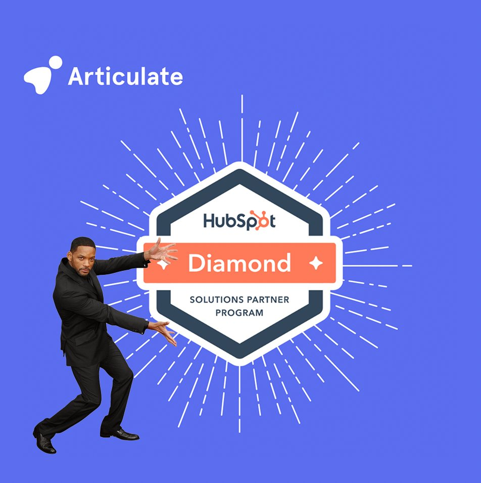 Level up: Articulate Marketing is a HubSpot Diamond Solutions Partner agency! - Will Smith shows off our new badge of honour