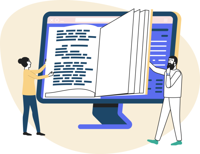 writing websites and blogs Illustration of writers reading a book on a screen