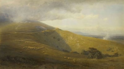 Painting of rolling green hills with sheep grazing on them.