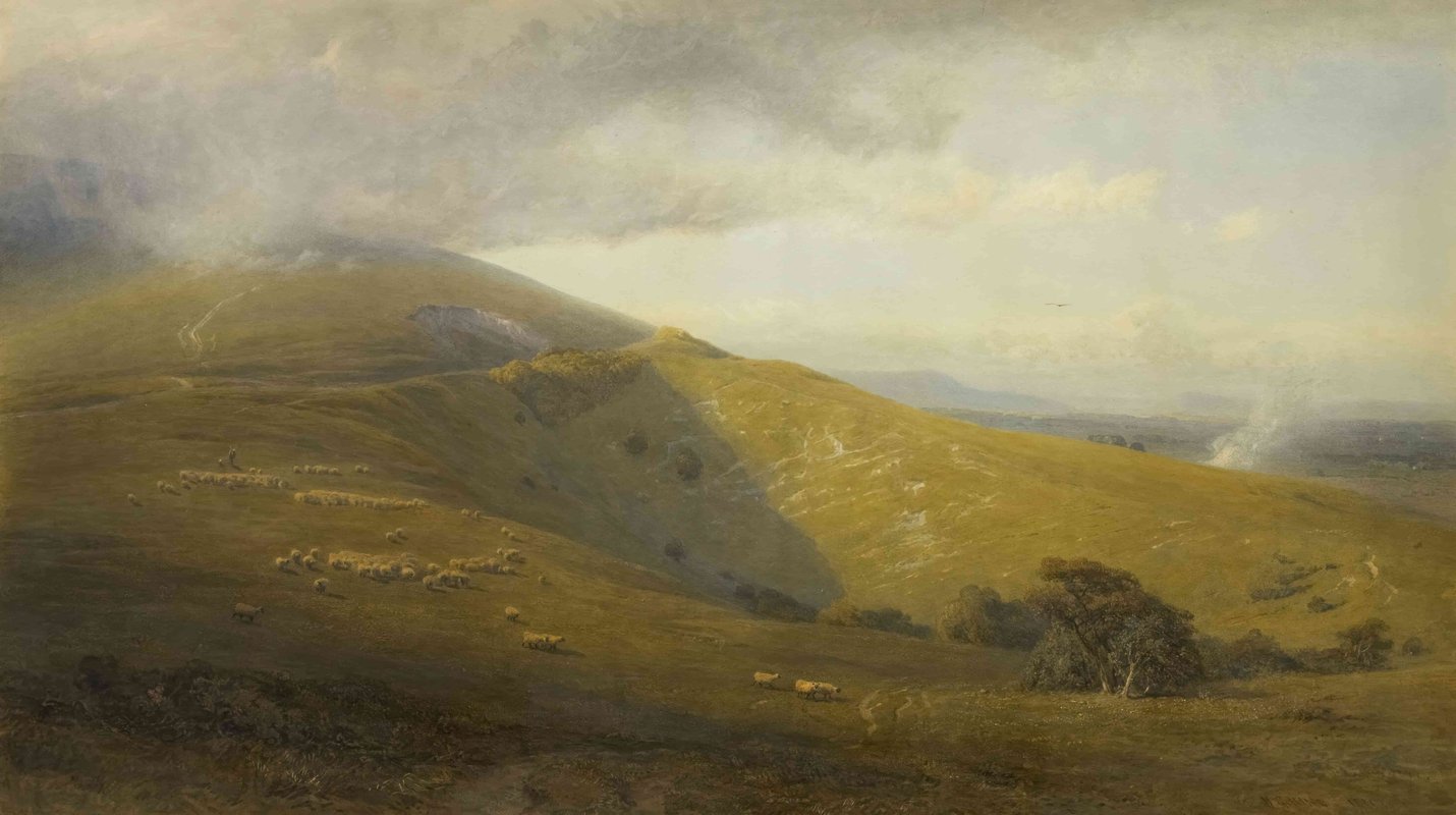 Painting of a hill with sheep