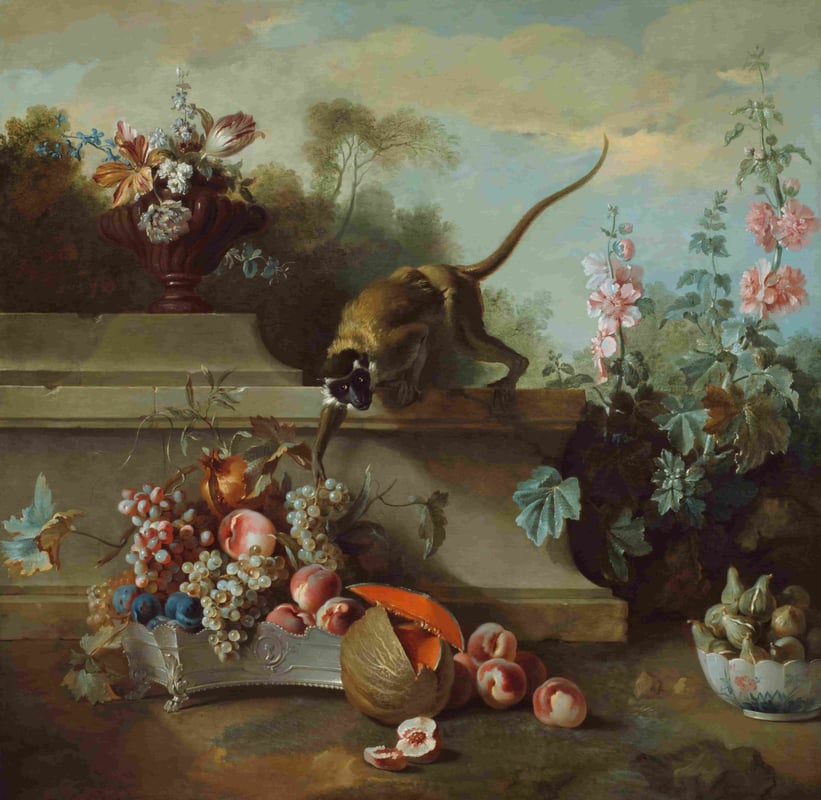 Classical painting of a small monkey reaching out to take some fruit from a still life arrangement.
