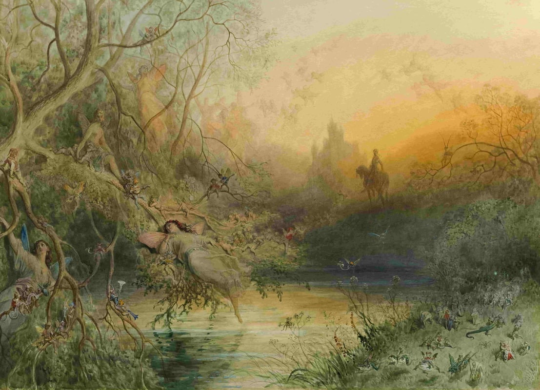 Painting of a tree hanging over a pond with fairies on the branches and a man on horseback stands in the background.