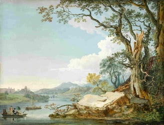 Classical painting of a white, flat rock under a tree next to a river where people are rowing.