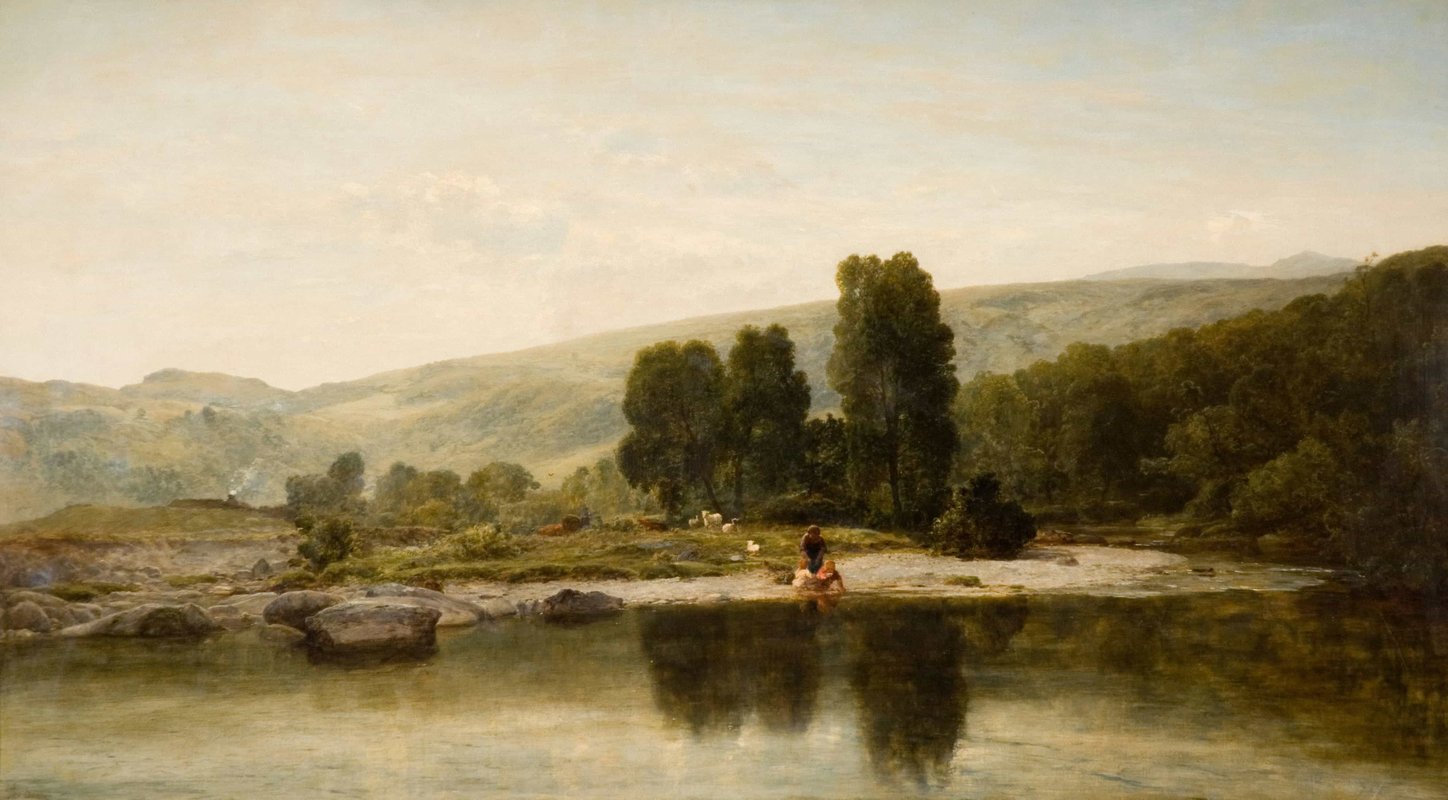 Painting of scenery with a focus on trees and a lake