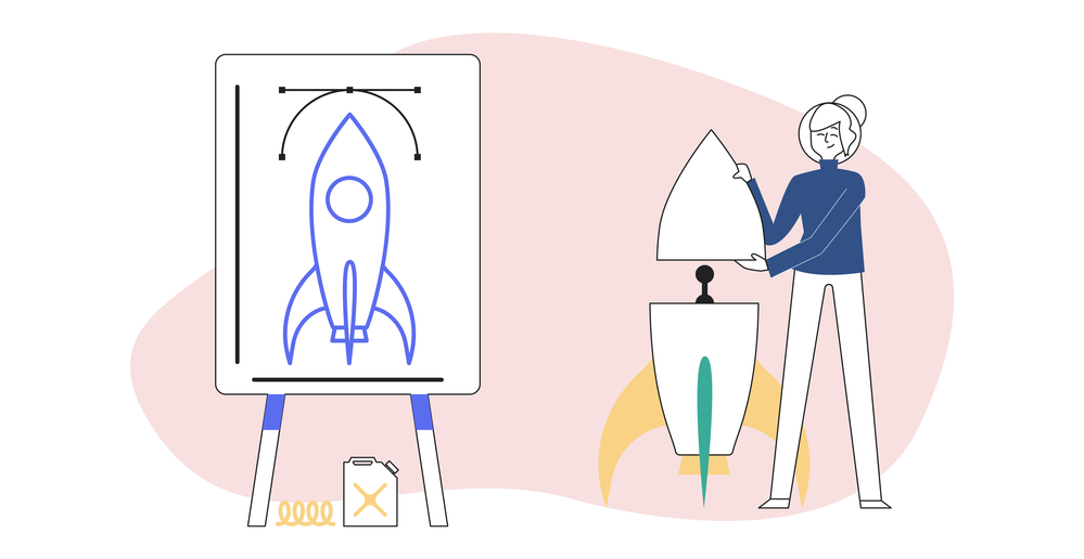 Articulate diagram of a person creating a rocketship while following guidelines from a flipchart