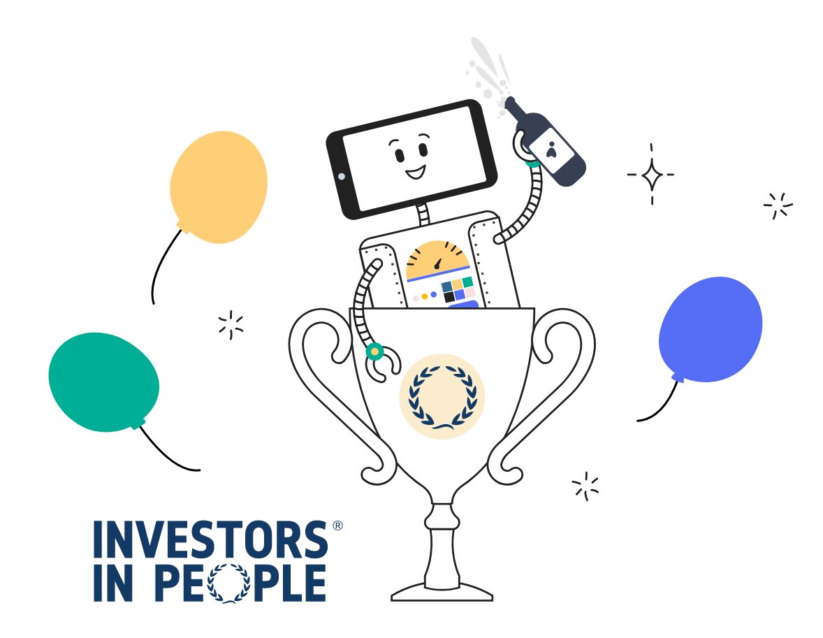 Announcing Articulate Marketing has achieved a 'We invest in people (Silver)' certification - Artie the Articulate robot sitting in a trophy celebrating with a bottle of red, alongside the Investors in People logo, with balloons in the background