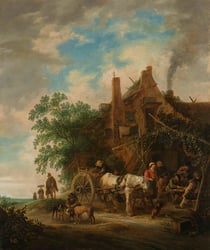 A classical painting of an old building in a rural setting with people, a horse and cart, dogs and children outside.