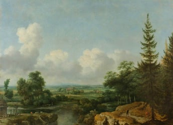 Painting of a rural landscape with a winding river and pathway in the foreground.