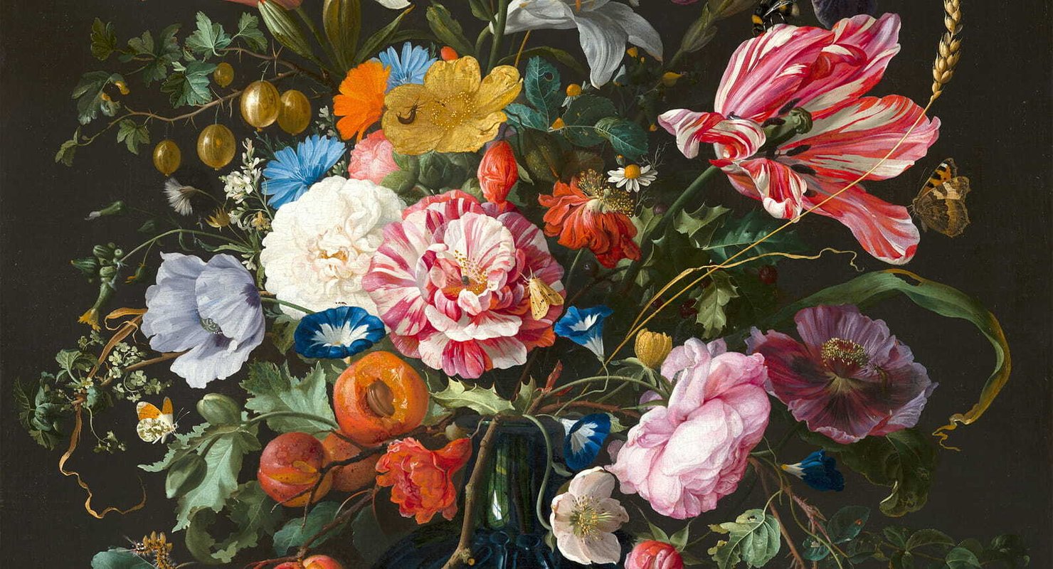 Classical painting of a large bouquet of multi-coloured flowers.