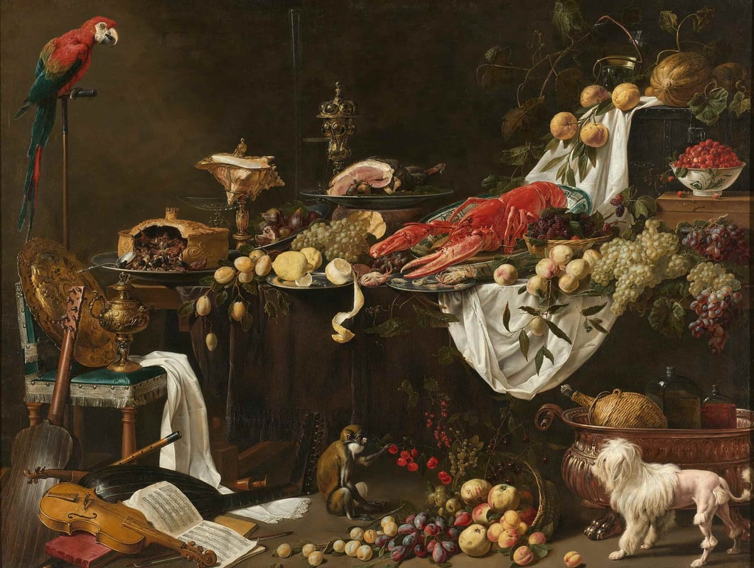 A classical still-life painting featuring a macaw, a small monkey, a white dog and lots of dishes filled with food.