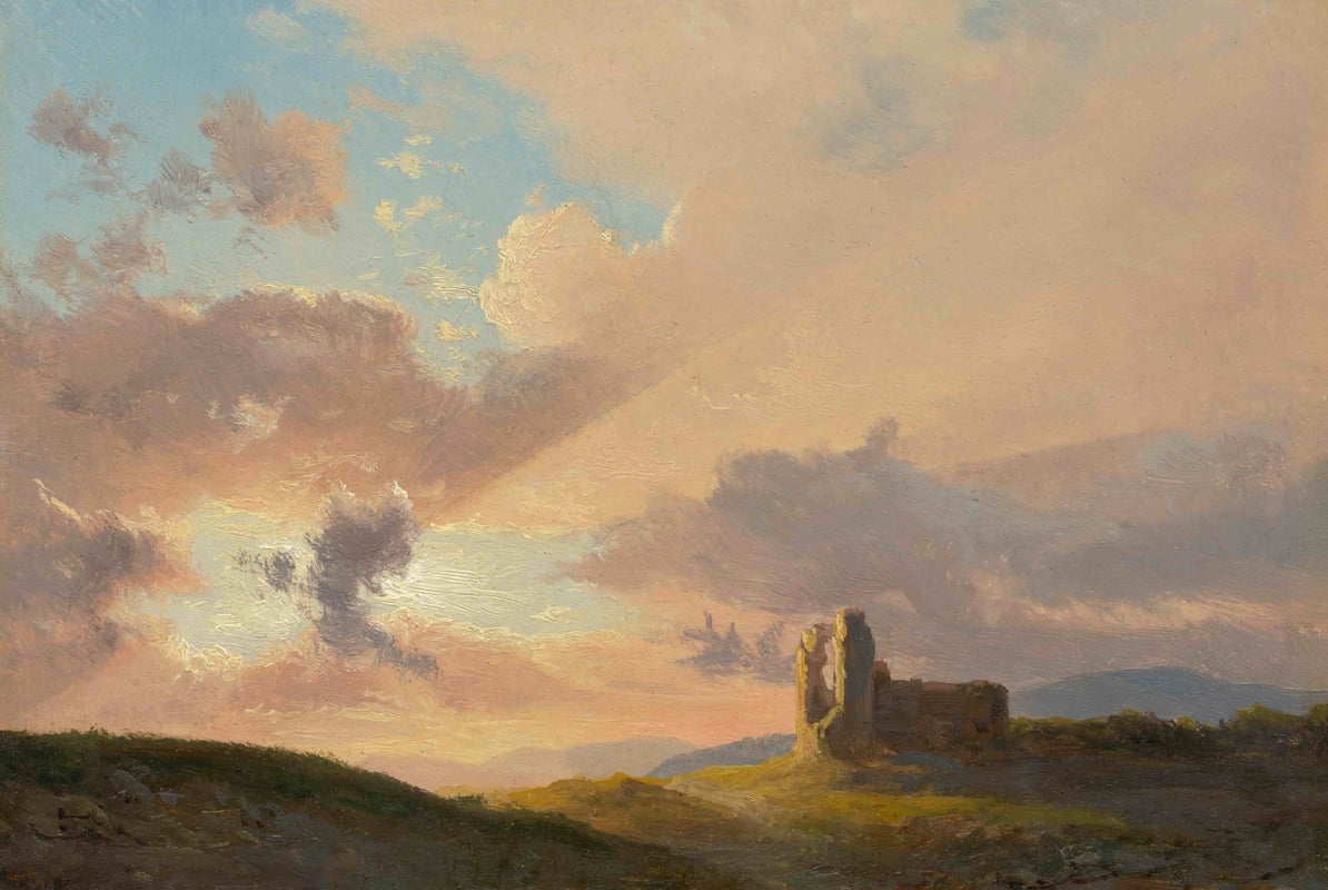Classical painting of a ruined building on a hill as the sun breaks through the clouds.