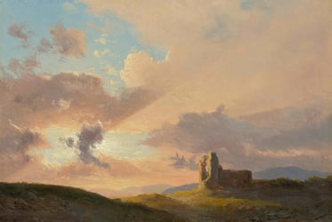 A classical painting of a sparse landscape and a ruined building with the sun bursting through the clouds.