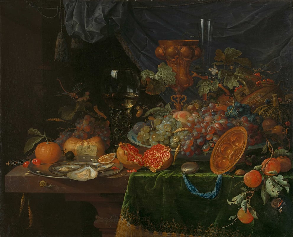 Still life painting of table full of food, mostly fruit