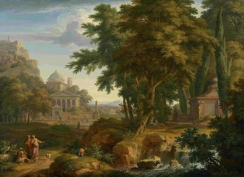 a painting of a sunny woodland scene with a temple in the background