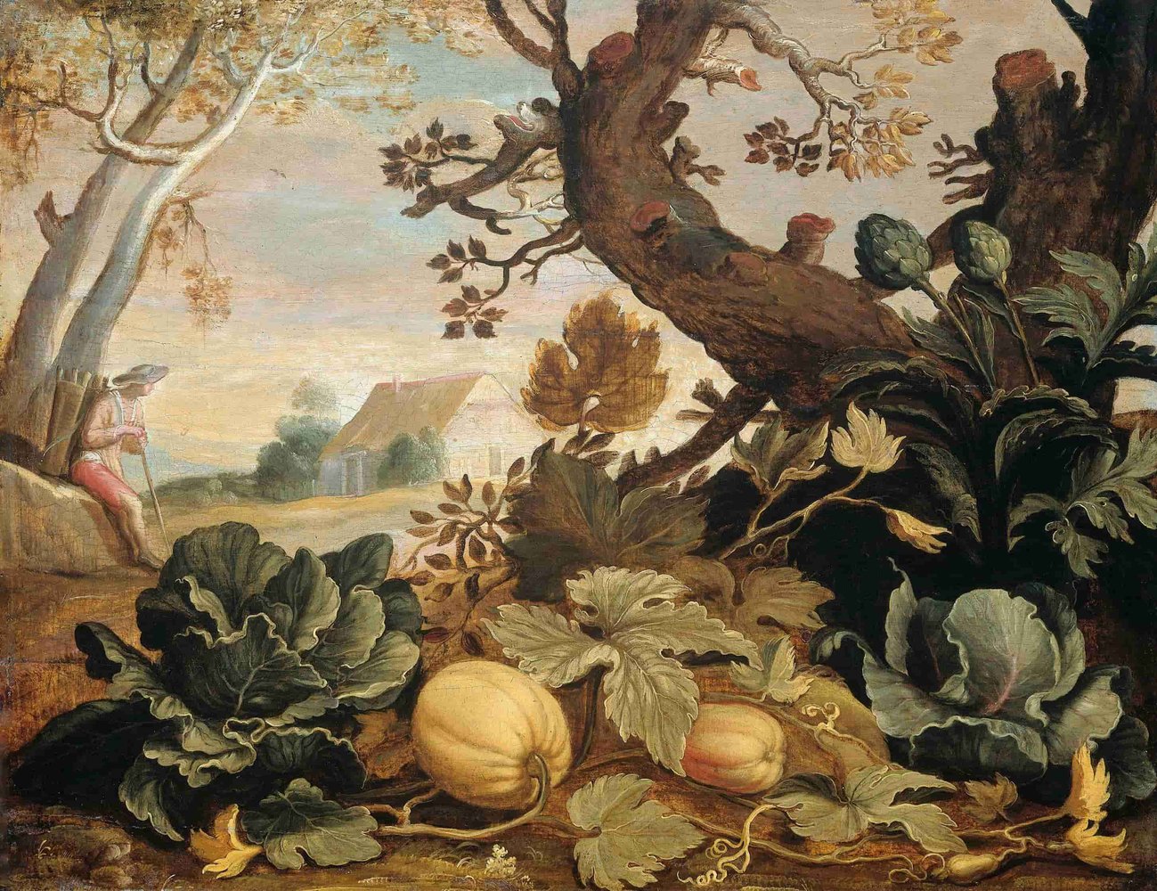 A painting of a garden with vegetables and plants growing in the foreground