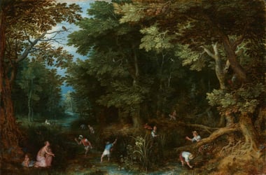 Painting of a forest with people in the water at the forefront