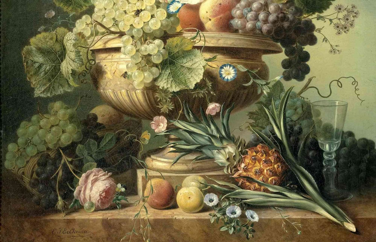 Fine art painting of fruit and flowers