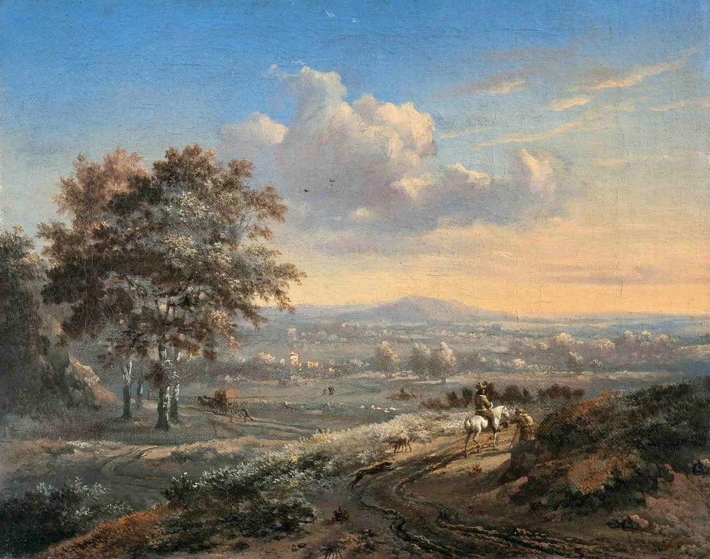 Classical painting of a snowy landscape with a horse and rider and another person on a trail in the foreground.