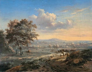 Painting of a horse and rider on a path overlooking a valley.
