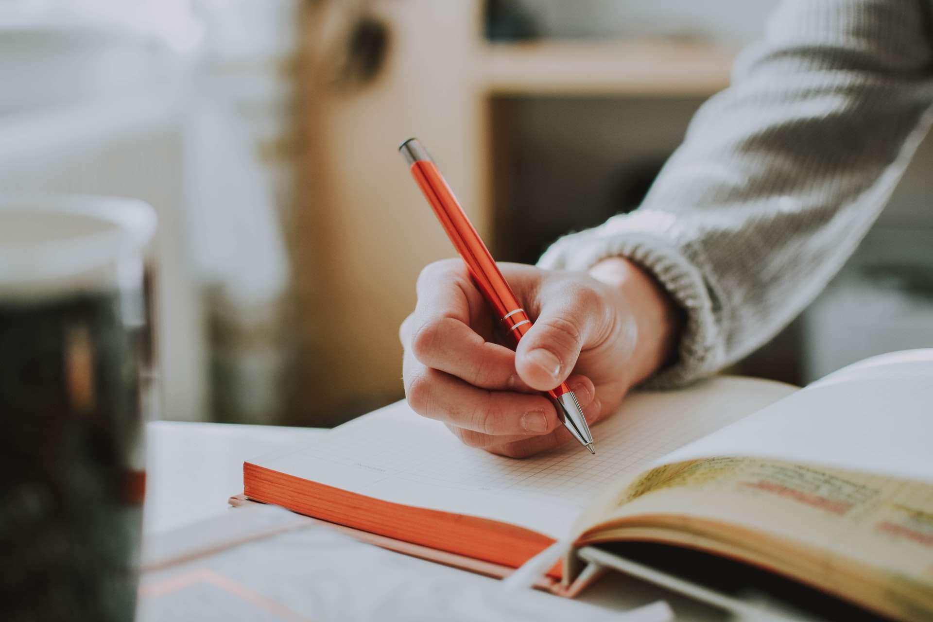 close-up of someone writing in a journal