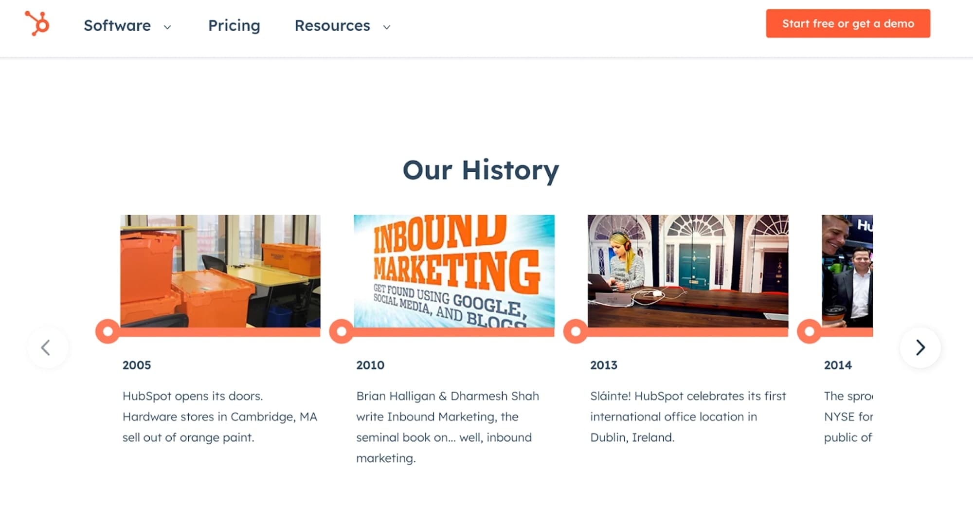 HubSpot’s About Us page is on brand and highlights key moments in the company's history.
