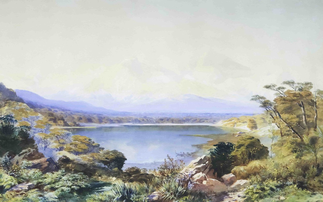 Classical painting of a lake surrounded by trees and foliage.