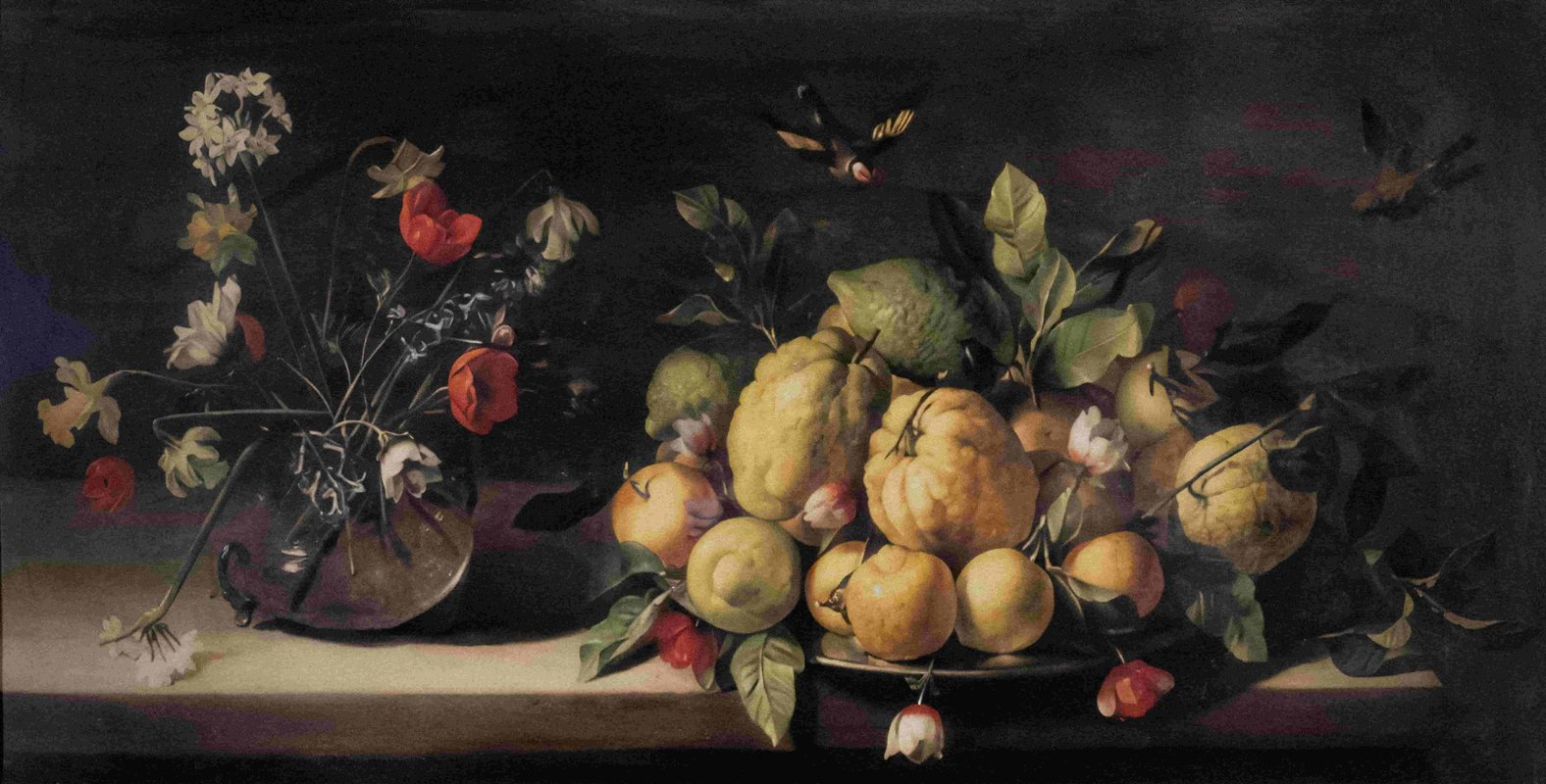 Classical still life painting of a vase of flowers and a bowl of fruit.