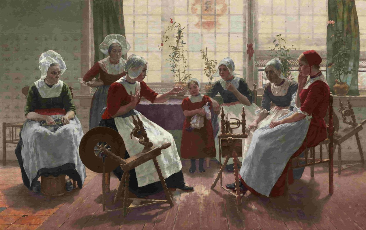 Painting of women and a young girl using old-fashioned equipment