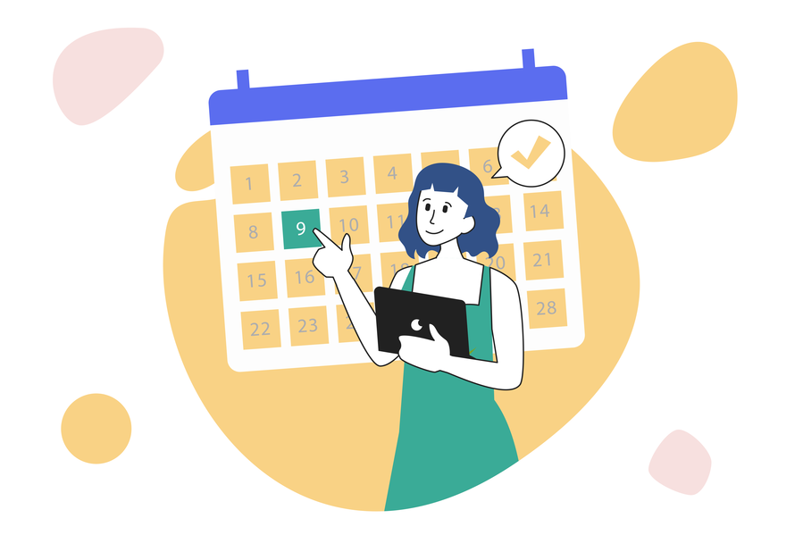illustration of an editorial calendar with a woman standing beside it