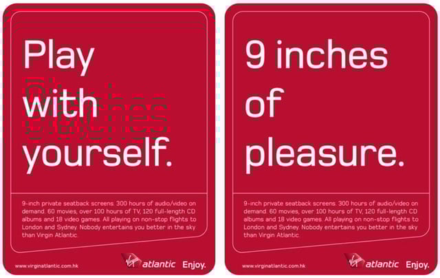 Saucy Virgin Atlantic ads saying '9 inches of pleasure' and 'Play with yourself''