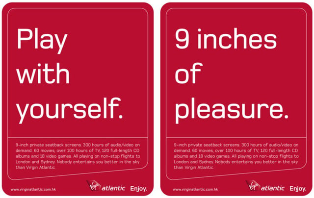 Saucy Virgin Atlantic ads saying '9 inches of pleasure' and 'Play with yourself''