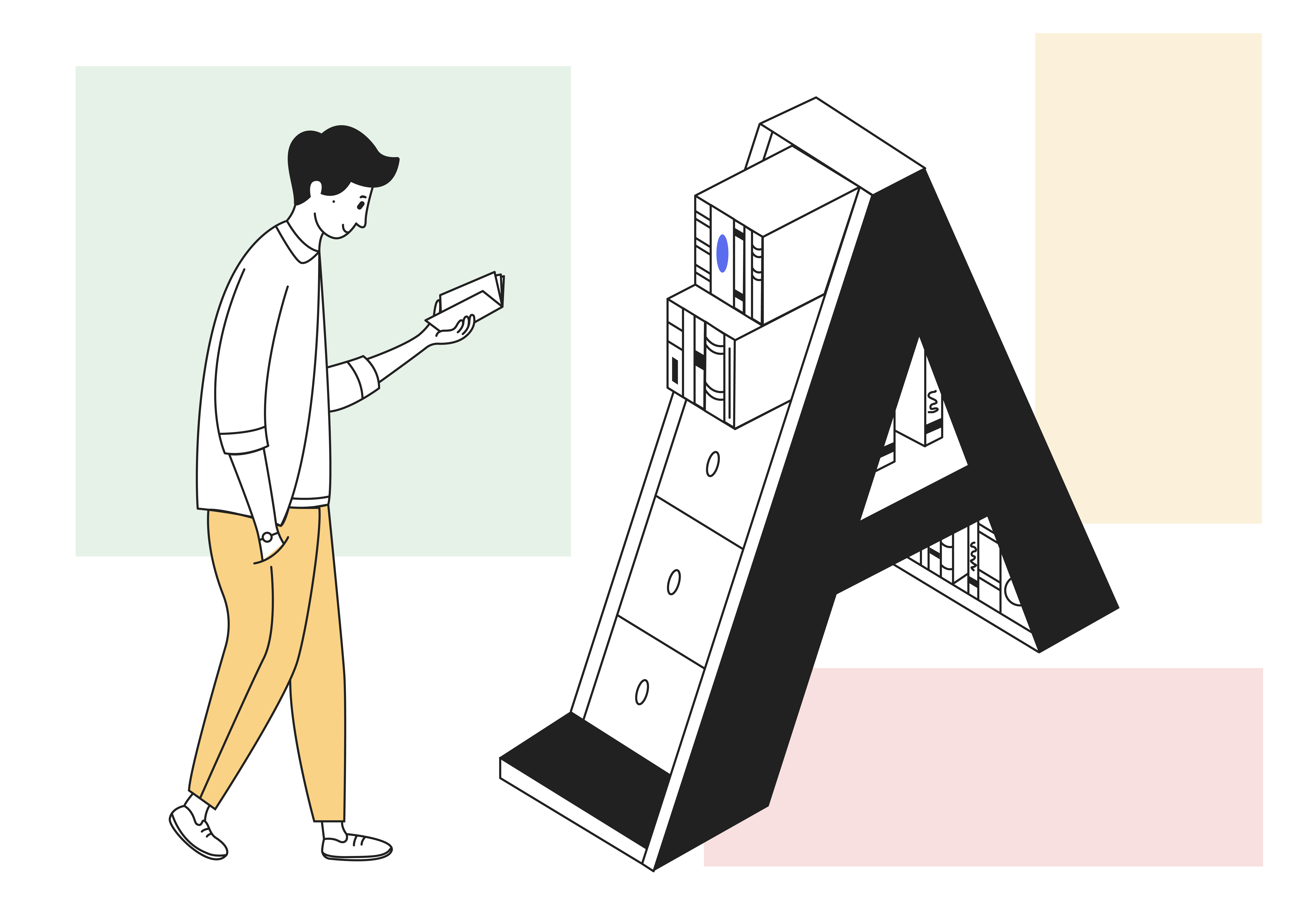 A man reading a book about project names from a bookshelf shaped as the letter A 