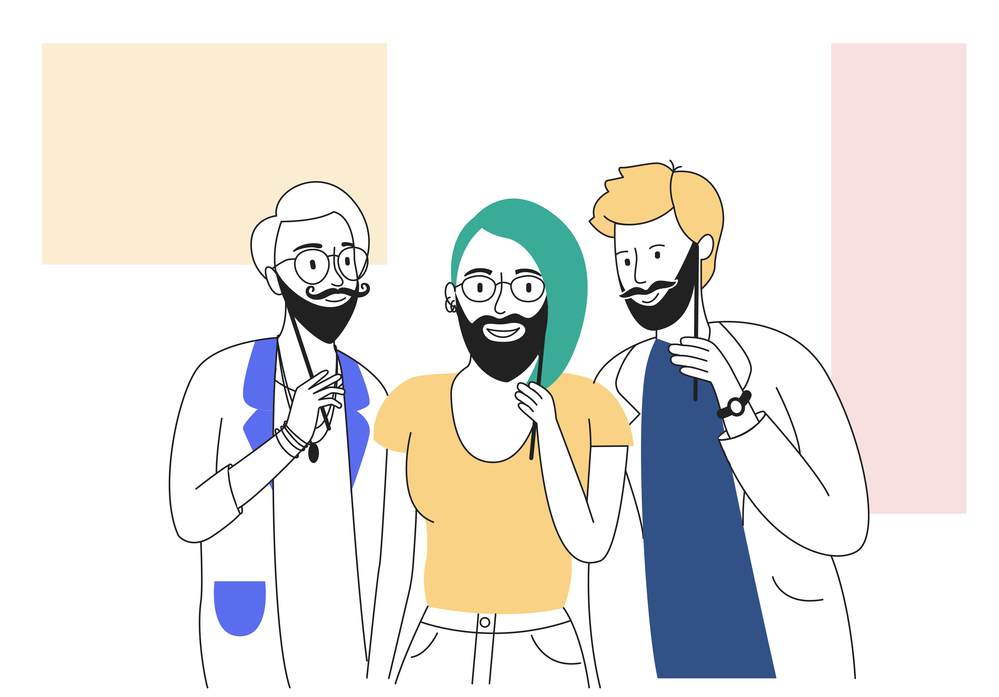 productivity - thre people holding faux beards masks up to their face