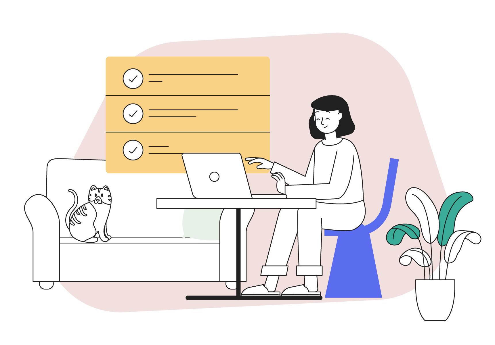  The finest tools and resources for working from house - detailed picture of a homeworker at her desk with a laptop computer and an adorable feline on a couch in the background. There is a list of remote working links at the top of the image.