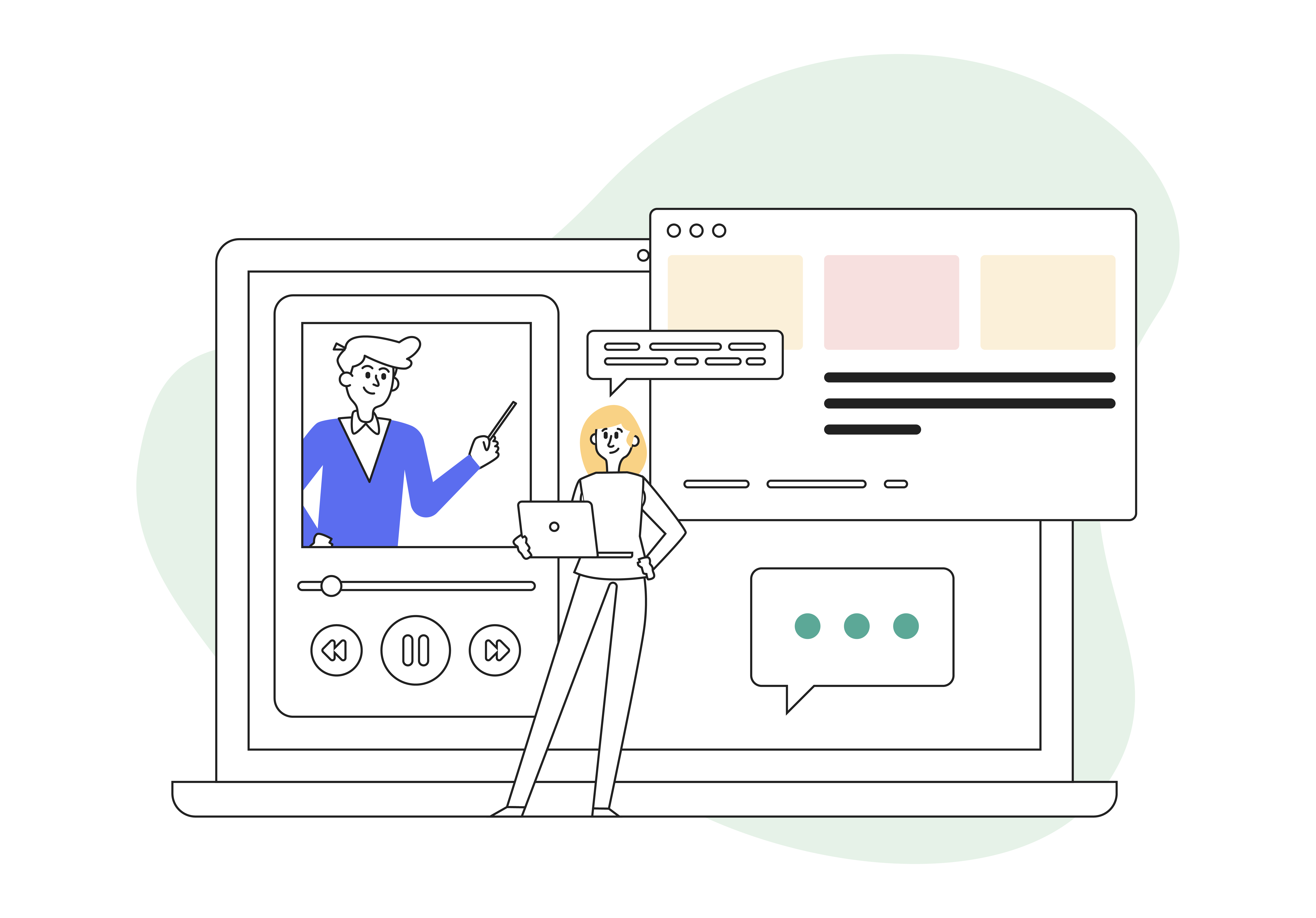 Articulate Marketing illustration of two people, one on a screen and the other standing with a laptop