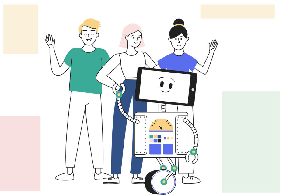 B Corp webinar - image shows 3 people waving with Artie the Articulate Marketing robot