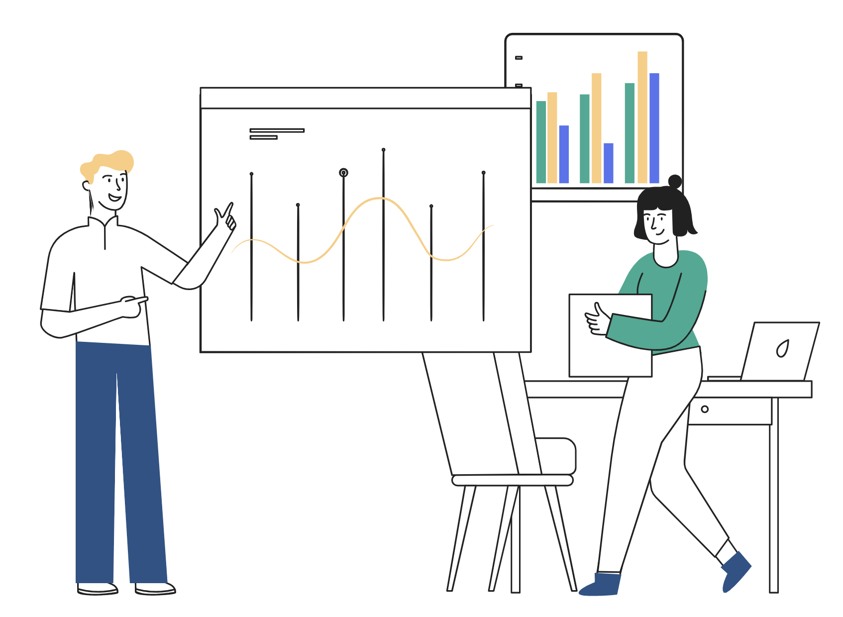 image shows man and woman looking at charts