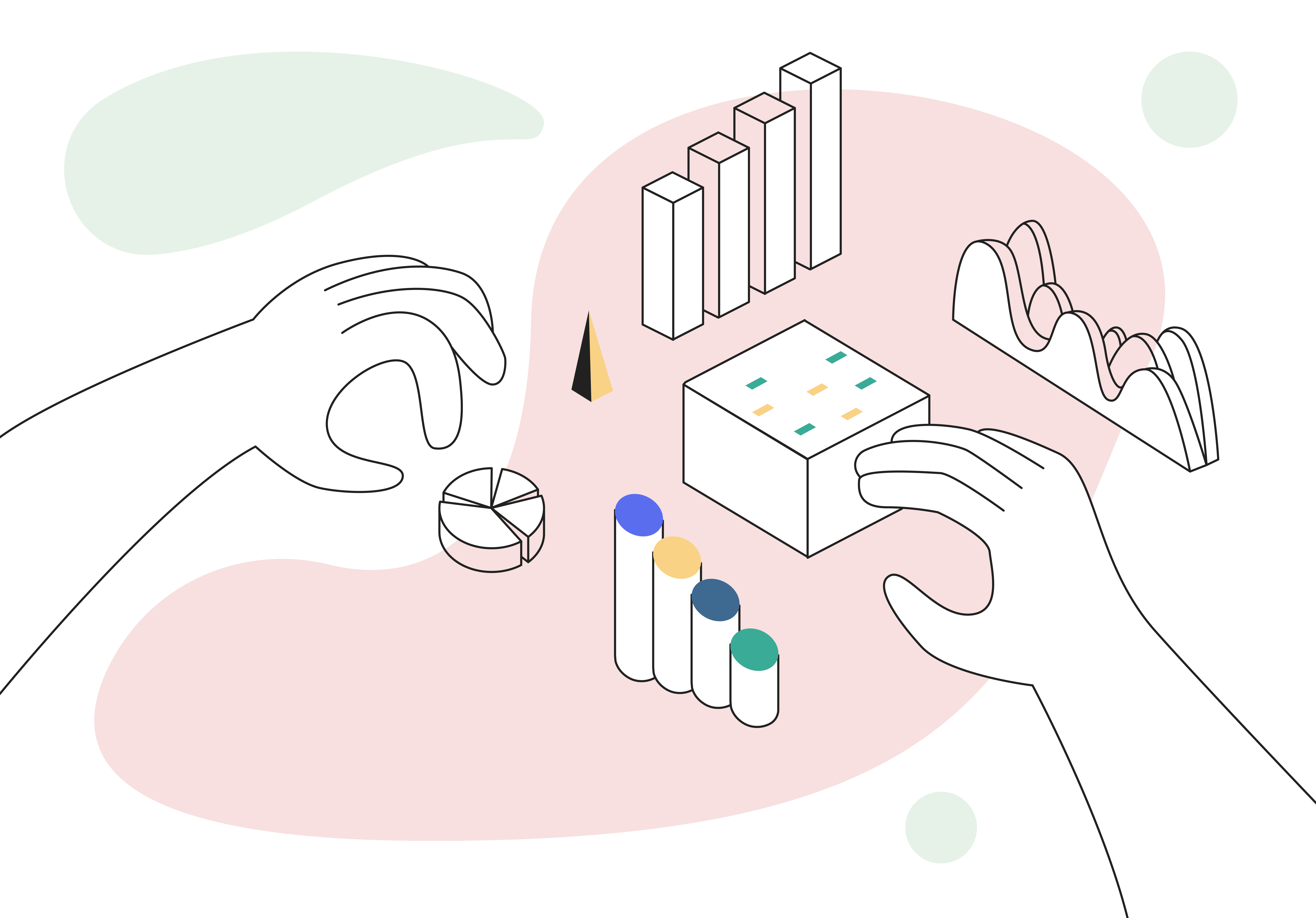 hands playing around with block graphs and charts