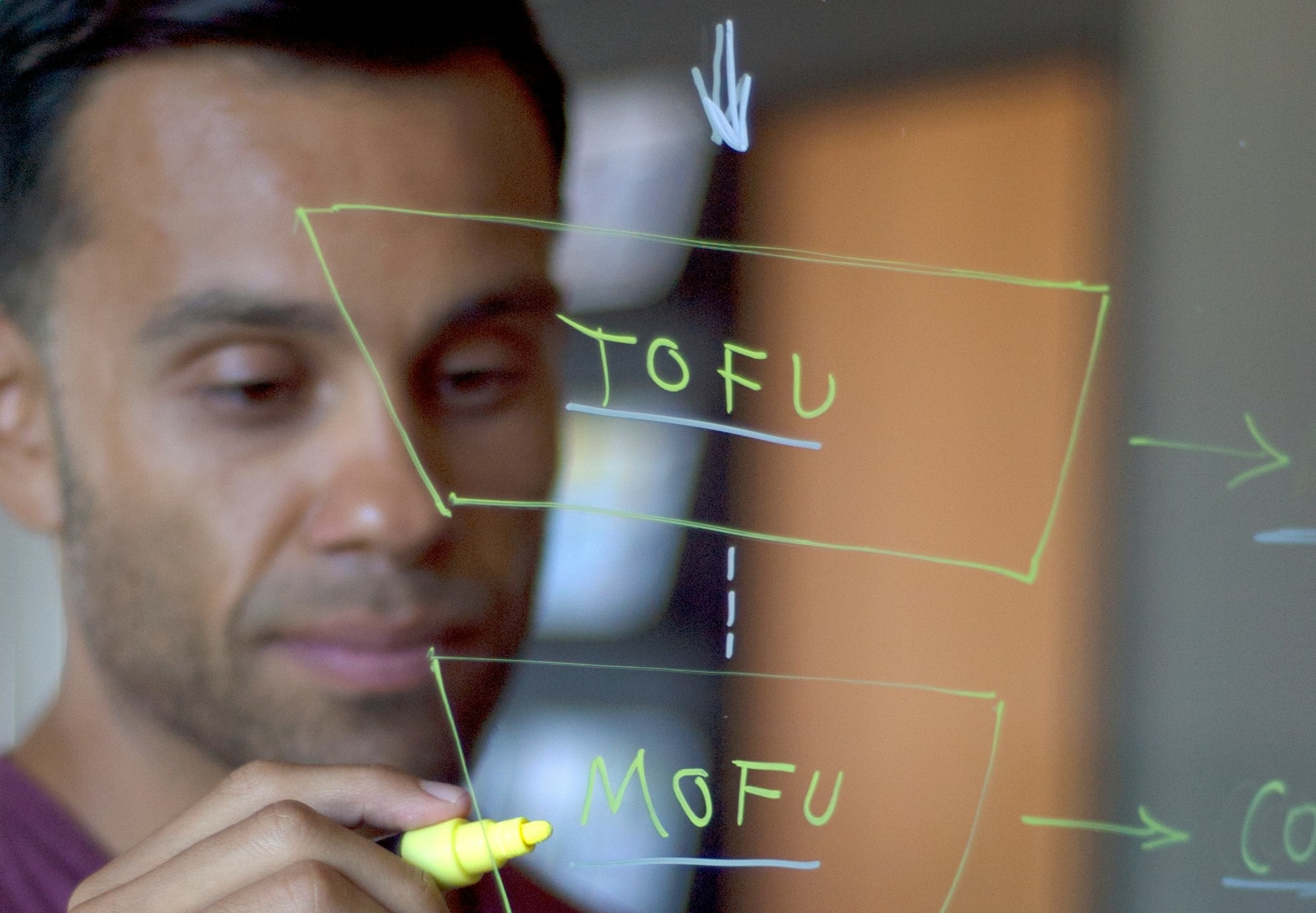Person behind a pane of glass, drawing a diagram of the marketing funnel using a yellow pen.
