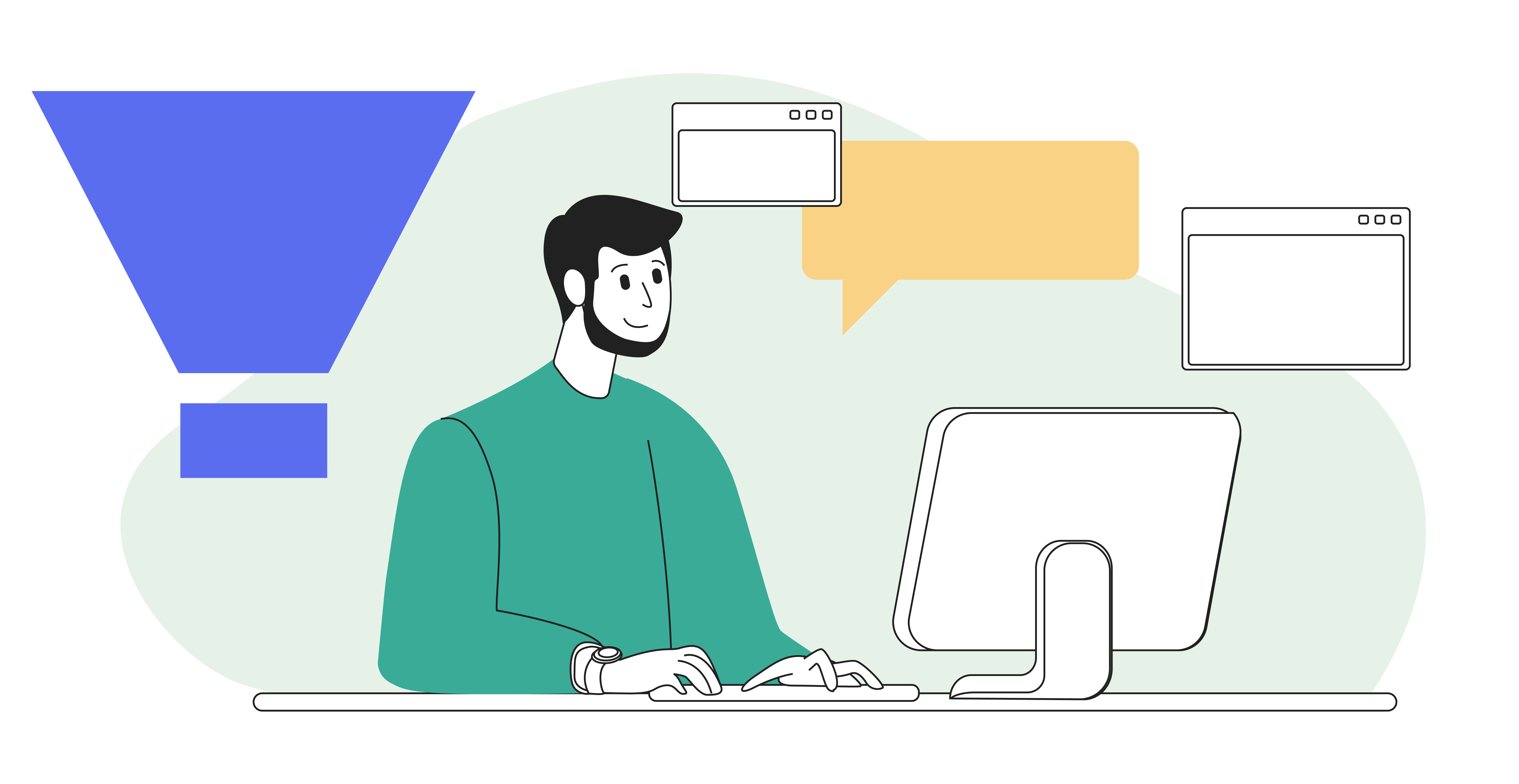 man on computer and sales funnel