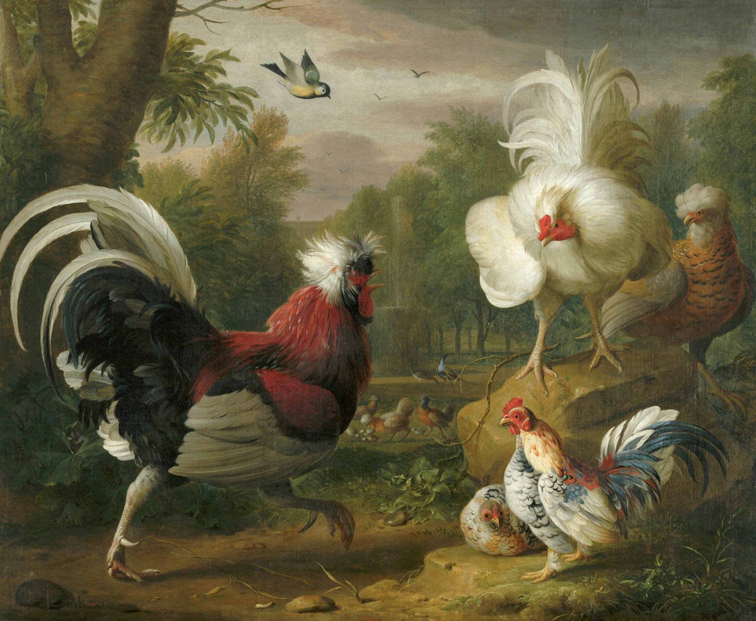 Painting of hens and cockerels confronting each other.
