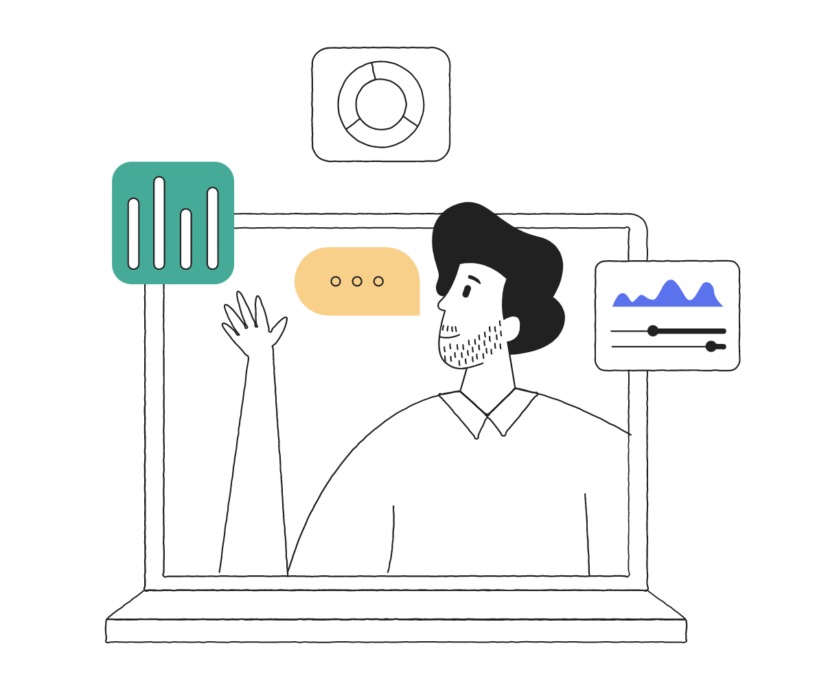 Person on laptop screen with floating profile seletions 